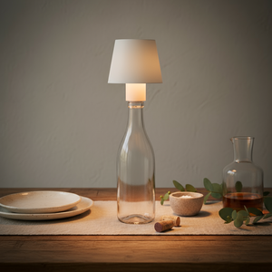 Table setting with a bottle lamp, plates, and a vase on a wooden table.