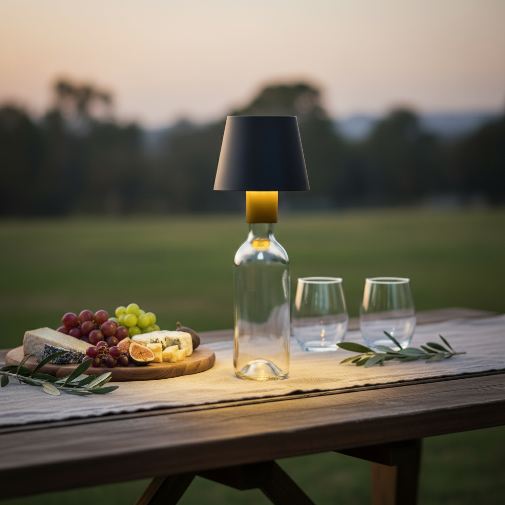 Wine bottle lamp on a table with grapes, cheese, and glasses outdoors.