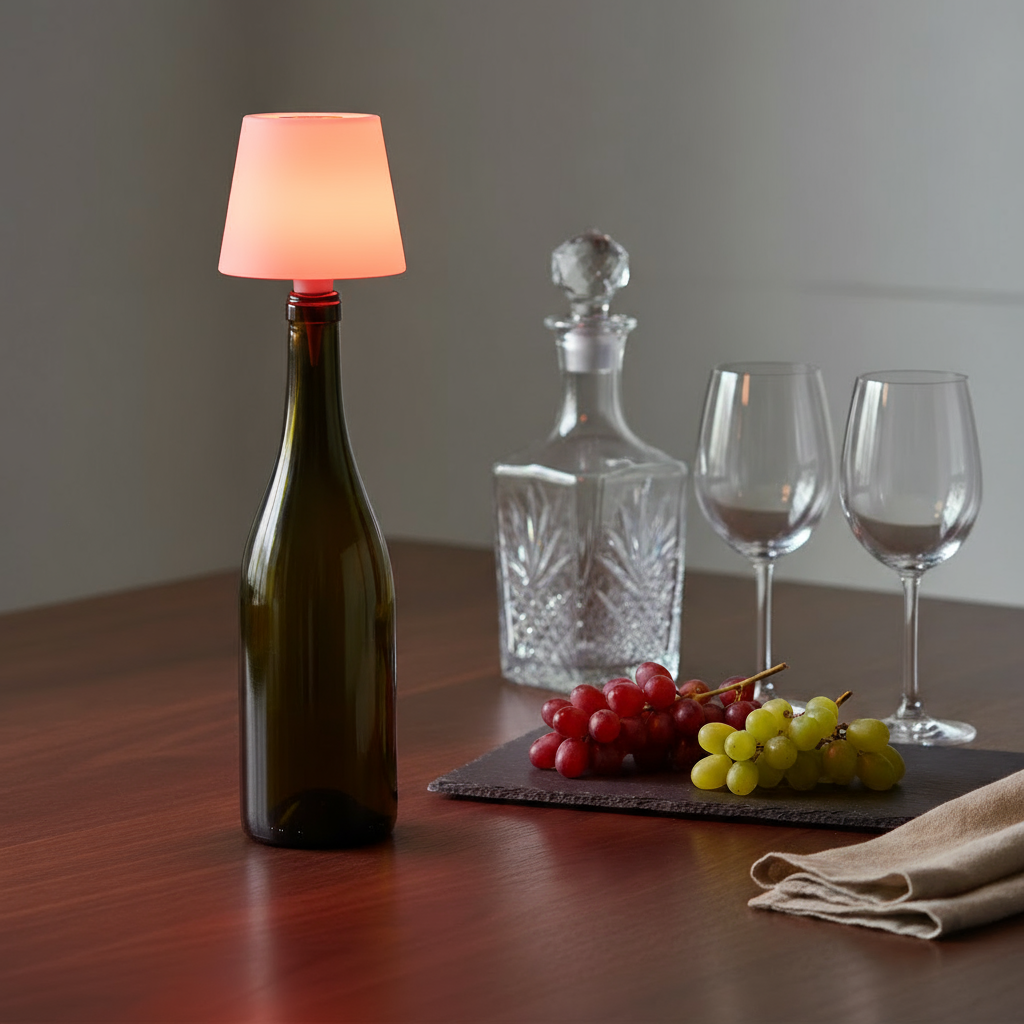Wine bottle with a lampshade, decanter, wine glasses, and grapes on a table.