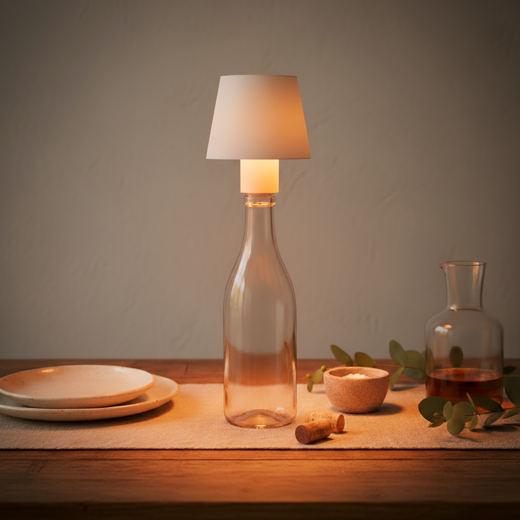 Candle-lit table setting with a bottle lamp, plates, and a carafe on a wooden surface.