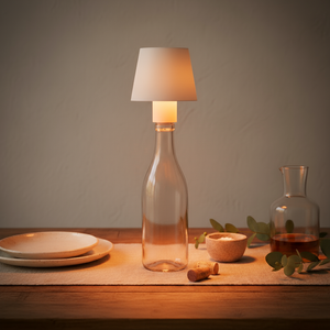 Candle-lit table setting with a bottle lamp, plates, and a carafe on a wooden surface.