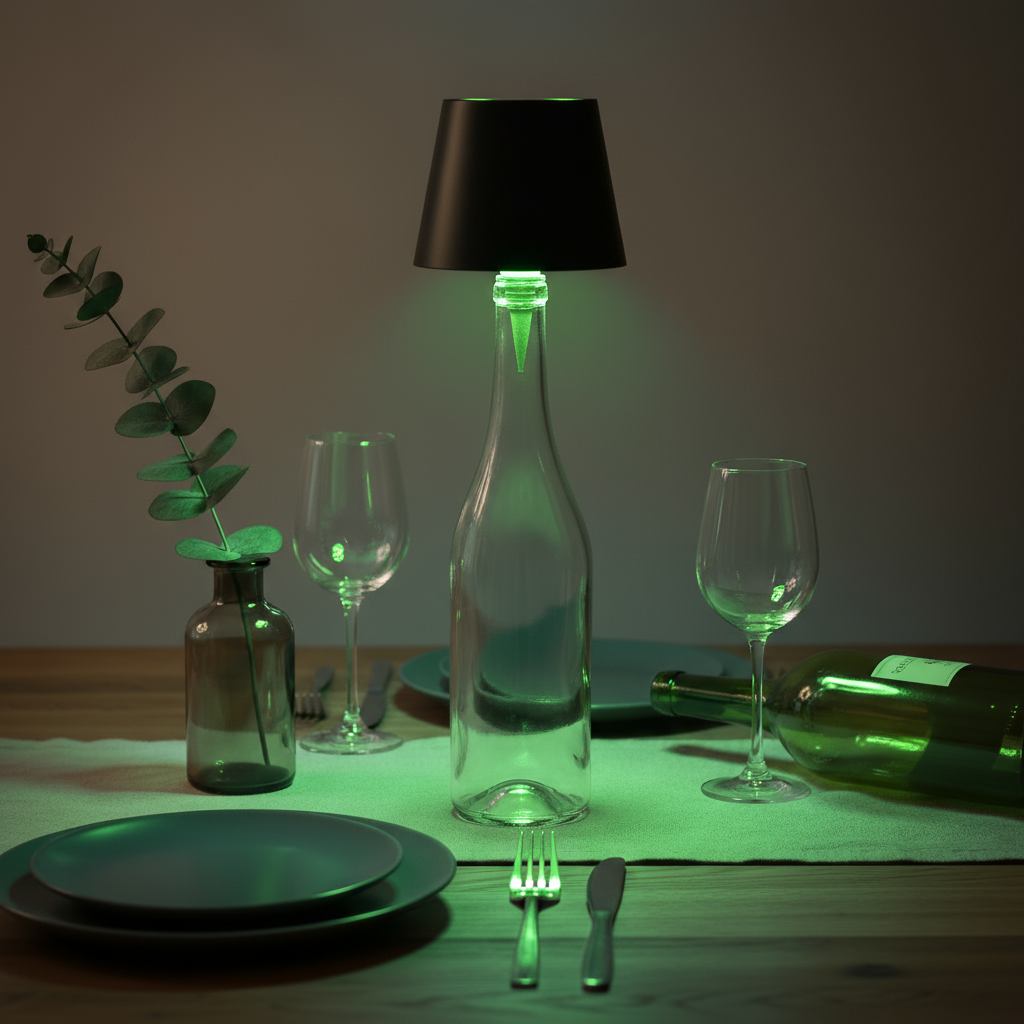 Glowing table setting with bottles, glasses, and cutlery on a dark background