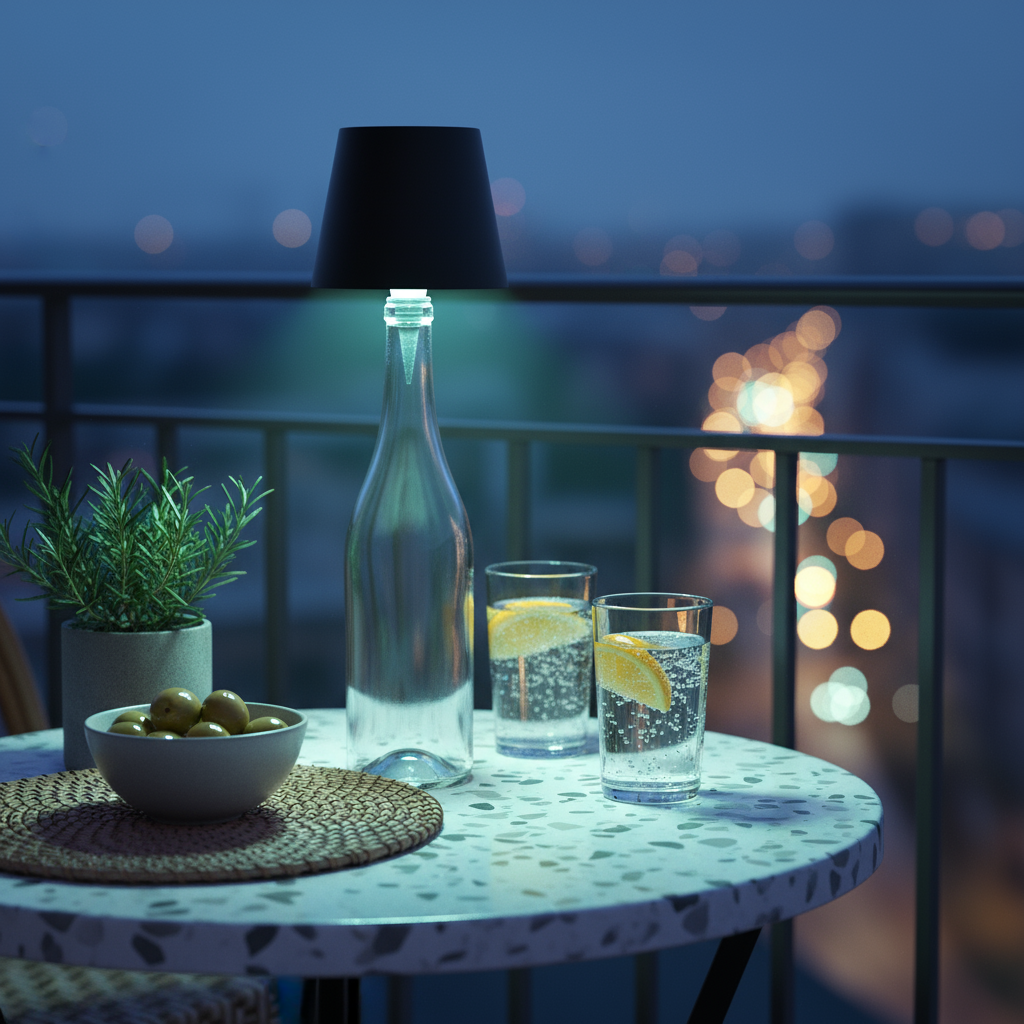Table with drinks and a plant on a balcony at night
