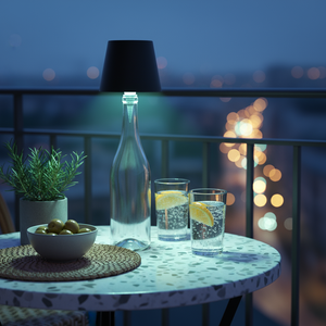 Table with drinks and a plant on a balcony at night