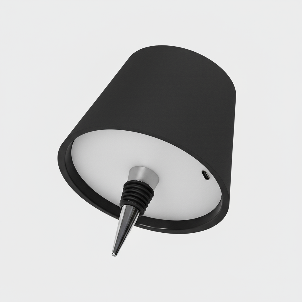 Black and white wall-mounted lamp with a thin spike-like extension on a light gray background