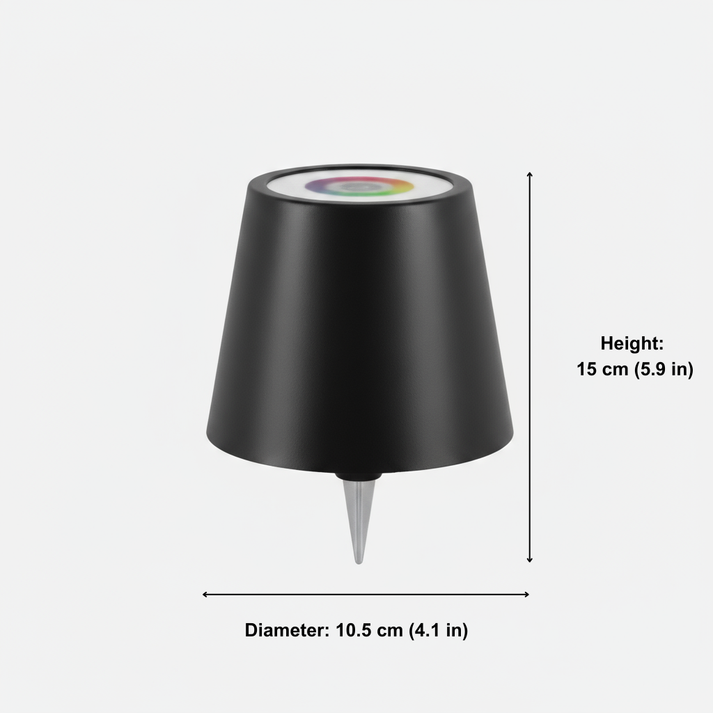 Black outdoor lamp with measurement details on a white background