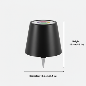 Black outdoor lamp with measurement details on a white background