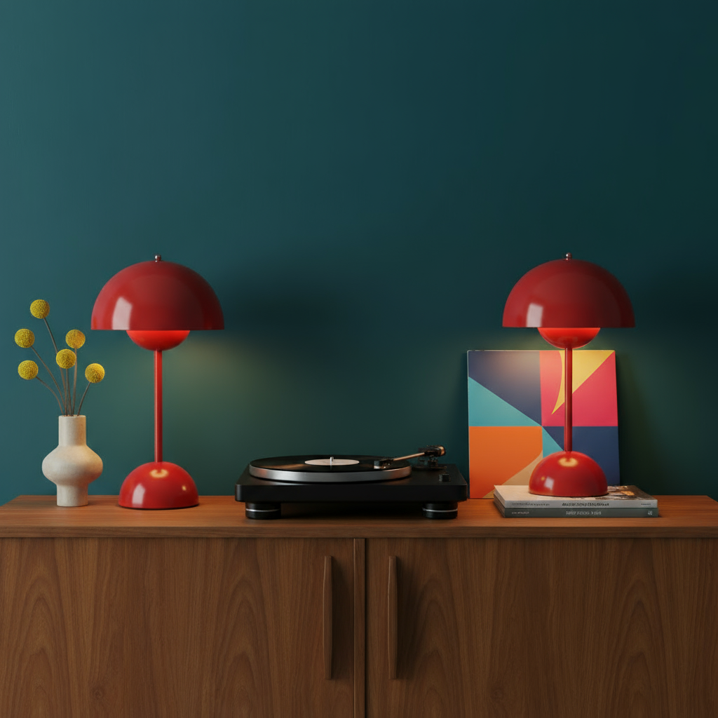 Two red table lamps on a wooden surface with a dark green wall background