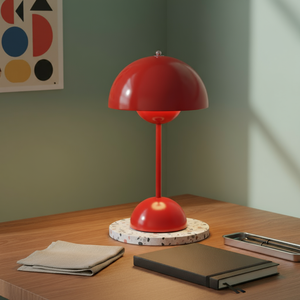 Red table lamp on a wooden surface with a notebook and phone, against a green wall with abstract art.