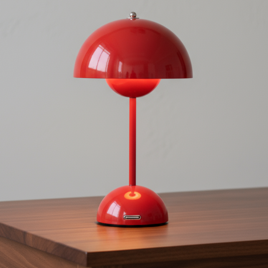 Red table lamp on a wooden surface with a plain background