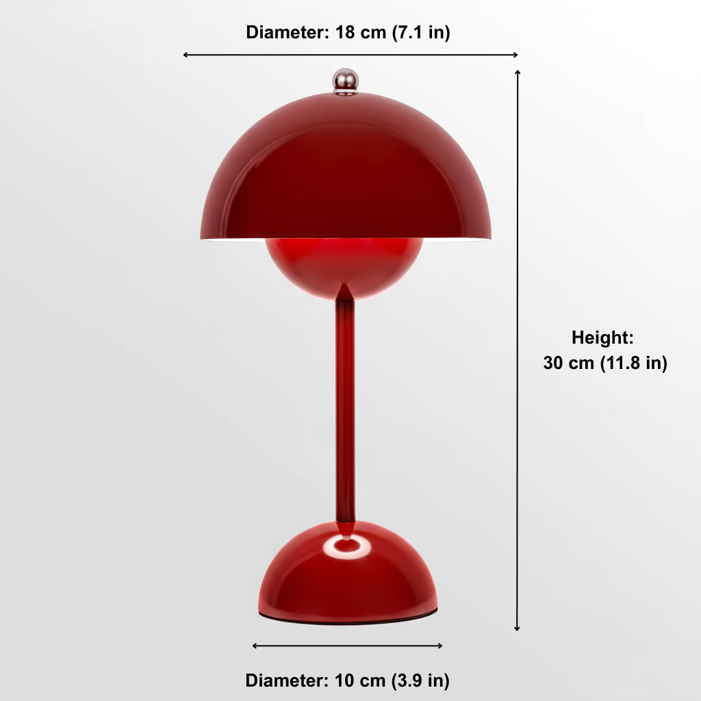 Red table lamp with dimensions labeled on a gray background