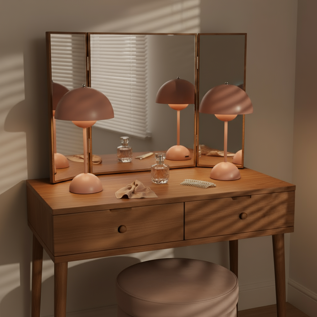 Wooden vanity table with mirror and lamp in a warm-toned room