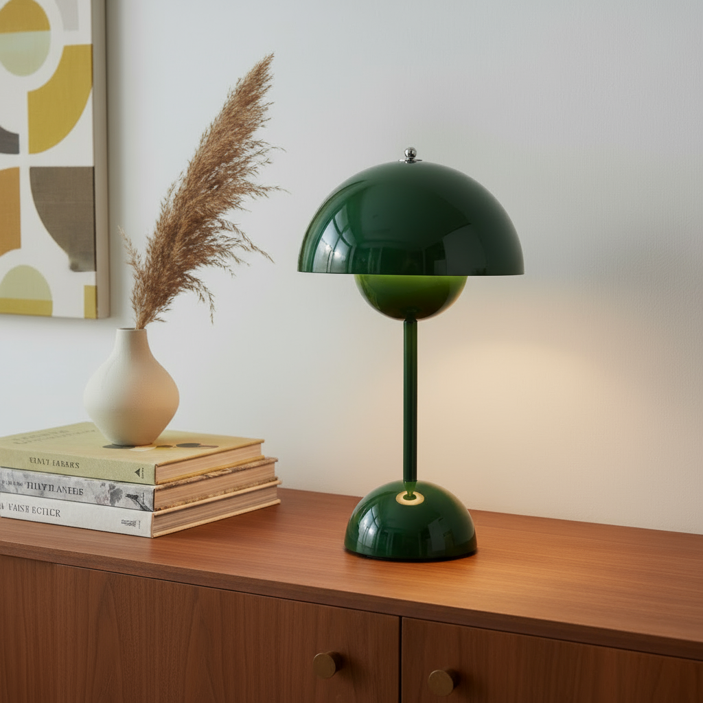 Green table lamp on a wooden surface with books and a vase in the background