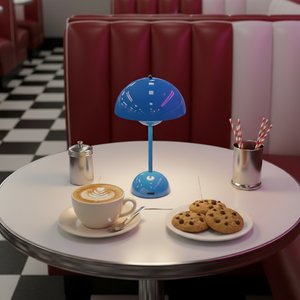 Table setting with a cup of coffee, cookies, and a blue lamp in a retro-style diner.