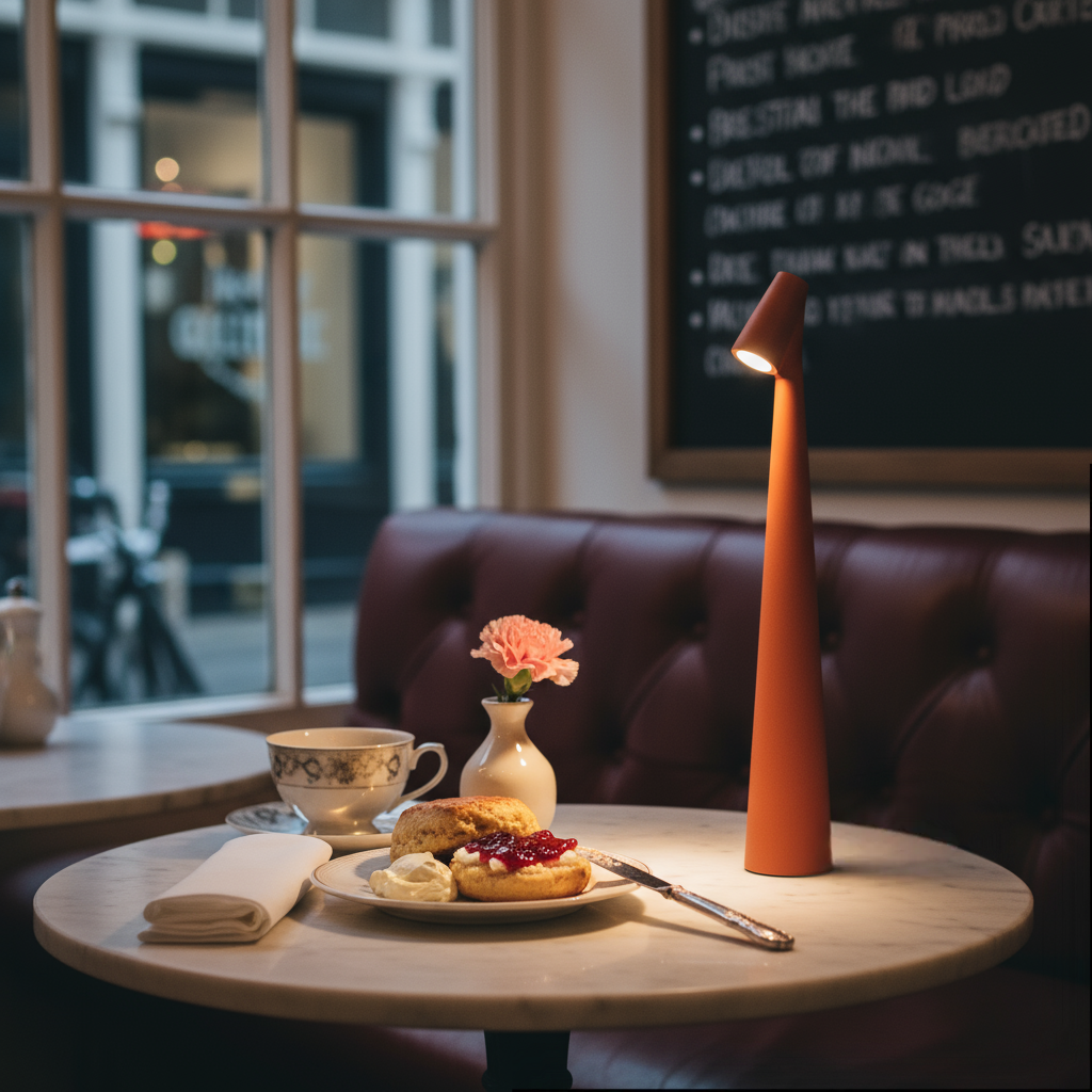 Table setting with a plate of food, teacup, and vase in a cafe.