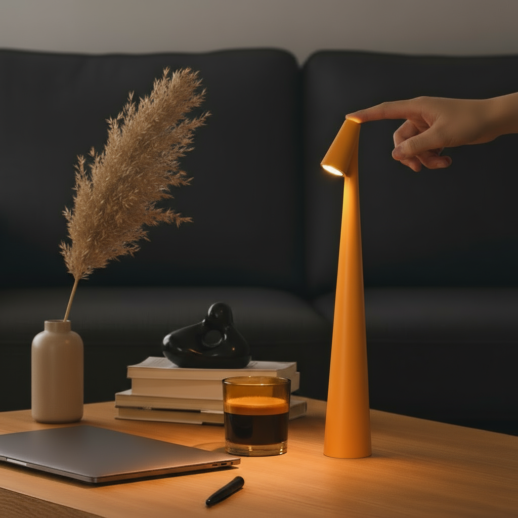 Hand adjusting a modern orange lamp on a wooden table with a laptop, glass of coffee, and decorative items.