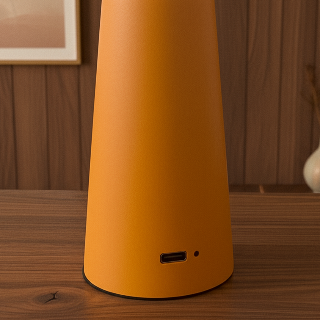 Orange cylindrical device with a USB port on a wooden surface