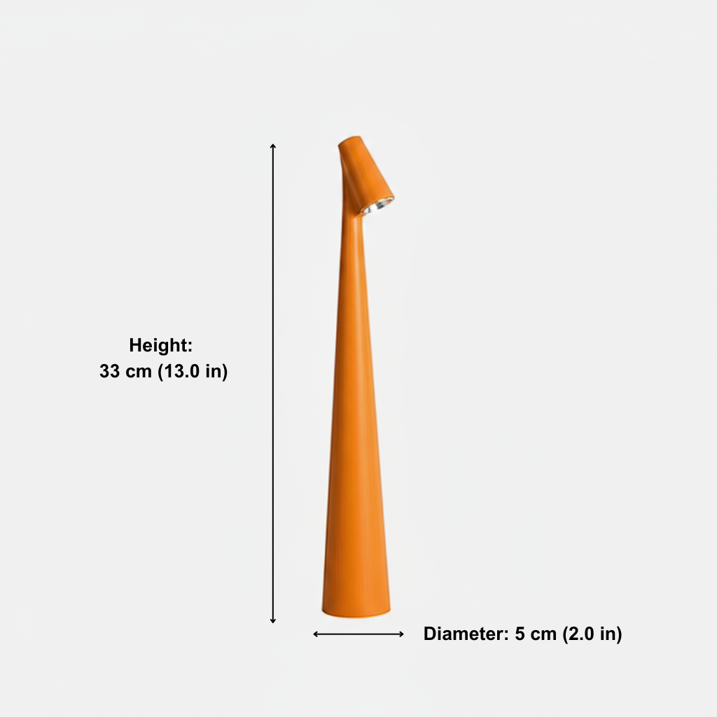 Orange lamp with measurements on a white background