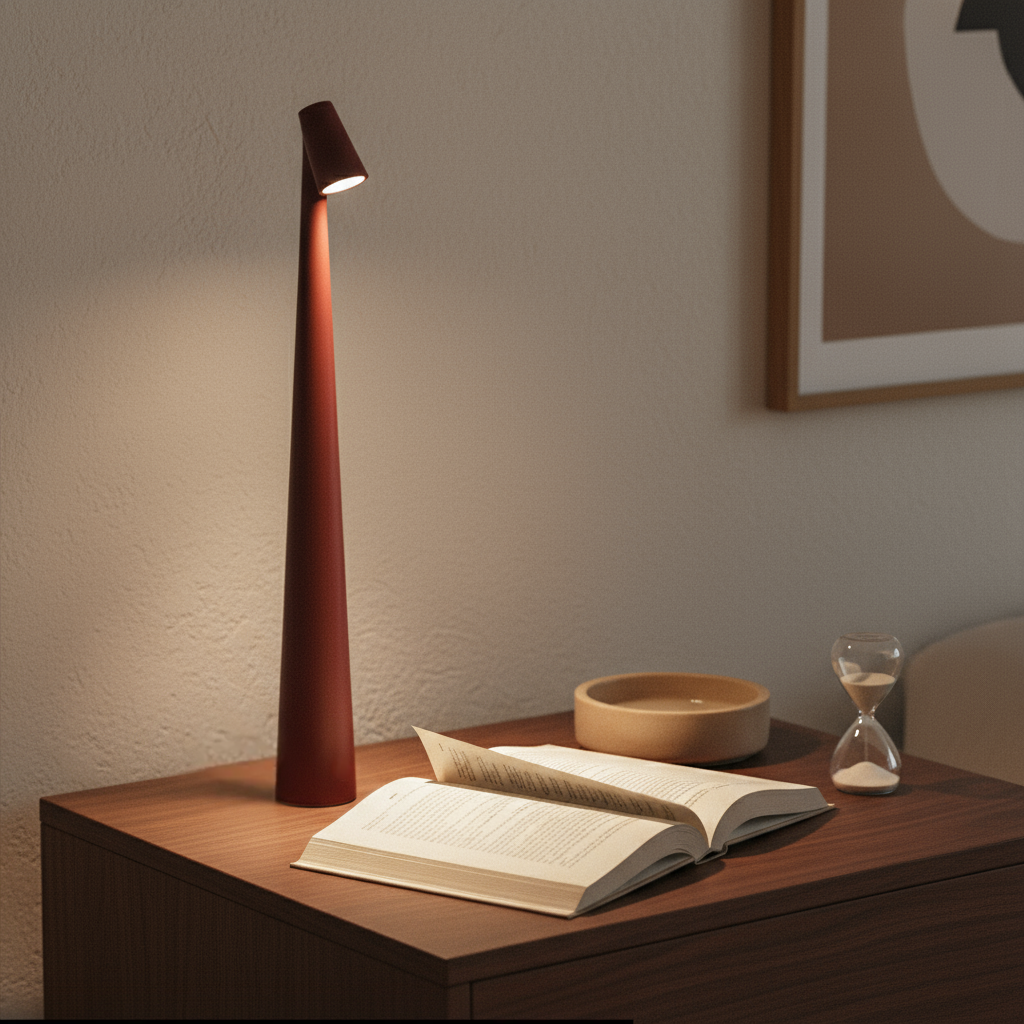 Wooden table lamp on a wooden surface with an open book and a bowl.