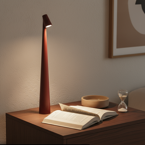 Wooden table lamp on a wooden surface with an open book and a bowl.