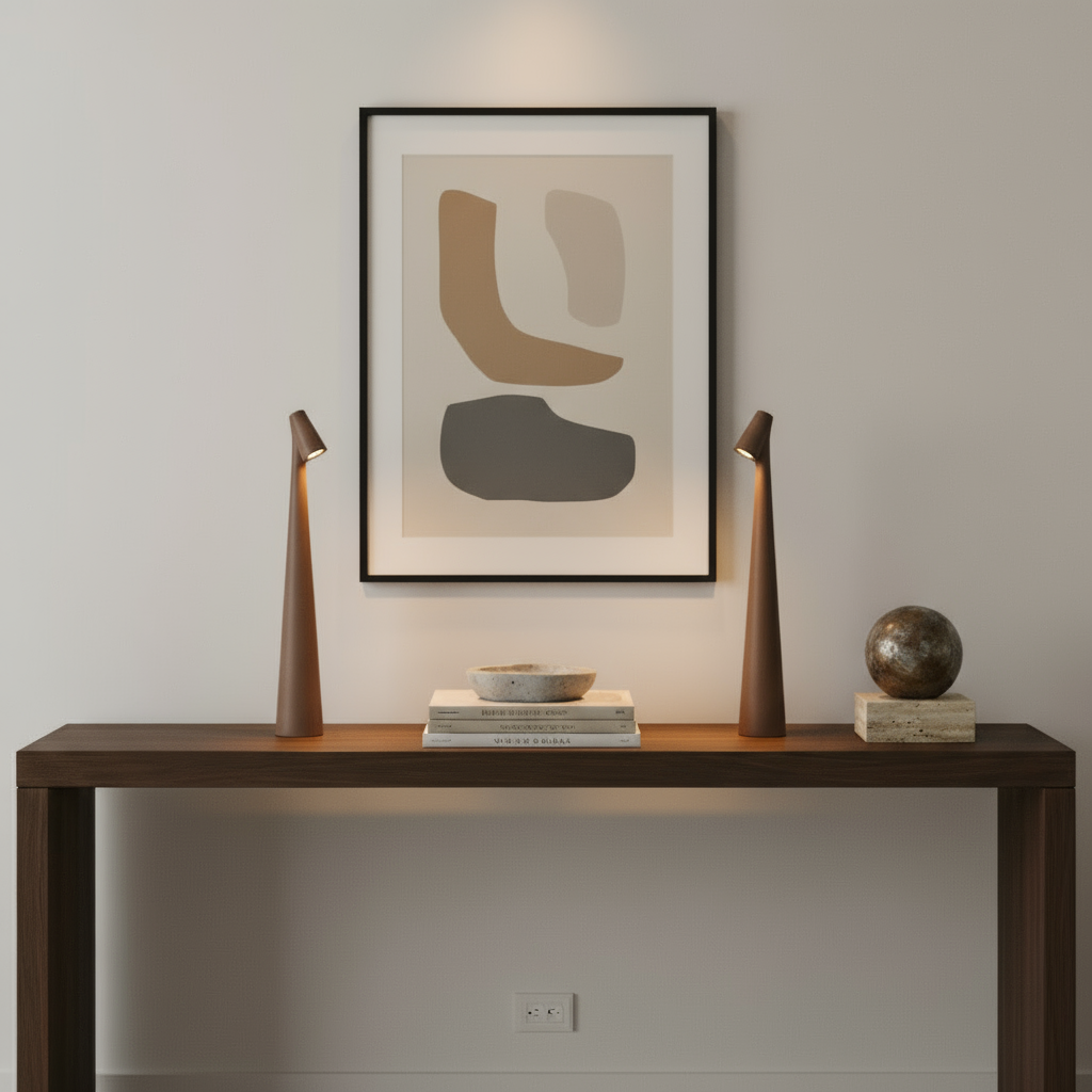 Modern interior with a wooden console table, abstract art, and decorative items.