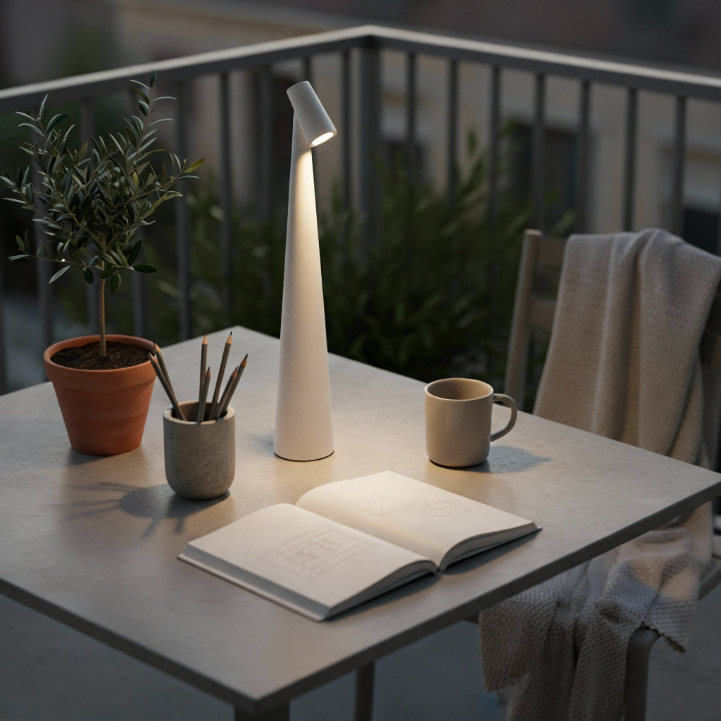 Table with a lamp, book, mug, and plant on a balcony at night.