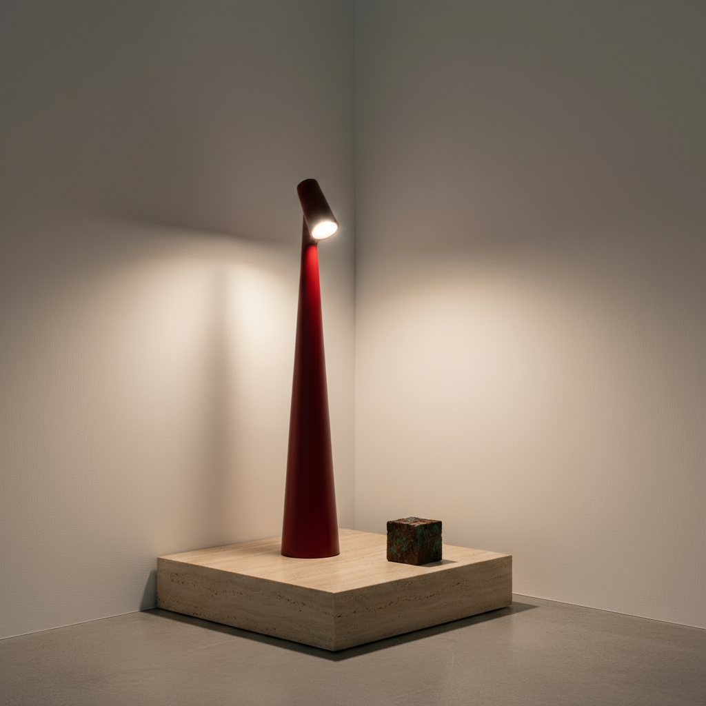 Modern red lamp on a wooden base against a plain wall