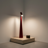 Modern red lamp on a wooden base against a plain wall