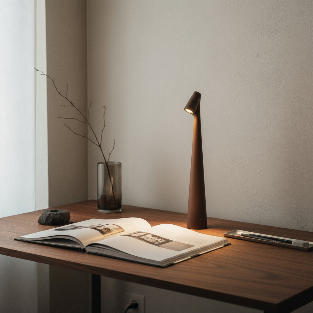Table lamp on a wooden desk with an open book and smartphone
