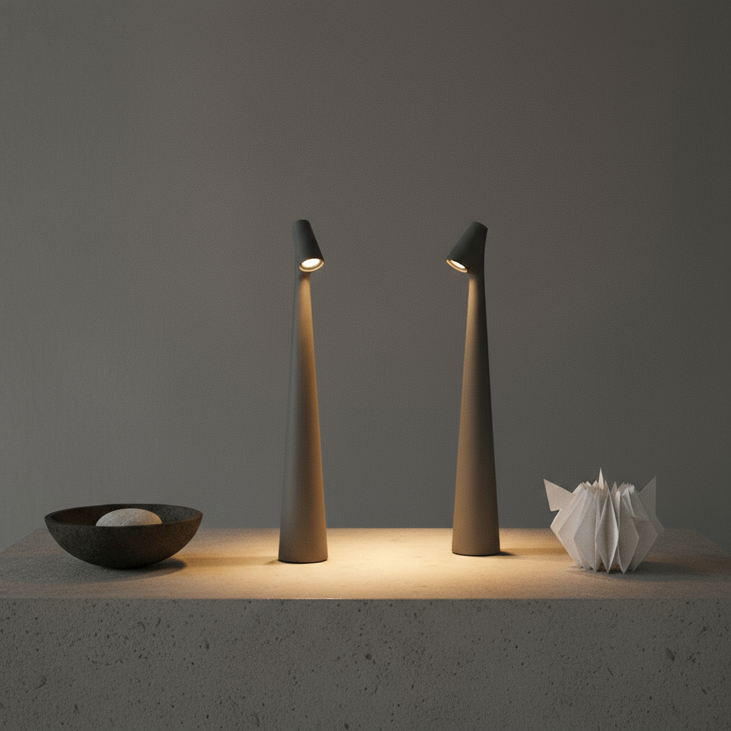 Two modern floor lamps on a concrete surface with a dark gray background