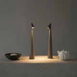 Two modern floor lamps on a concrete surface with a dark gray background