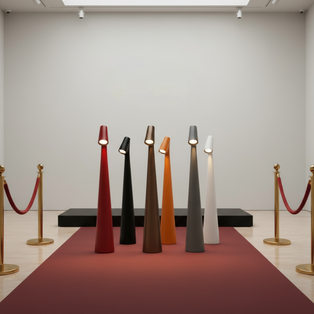 Row of modern floor lamps in various colors on a red carpet with white walls and ceiling lights.