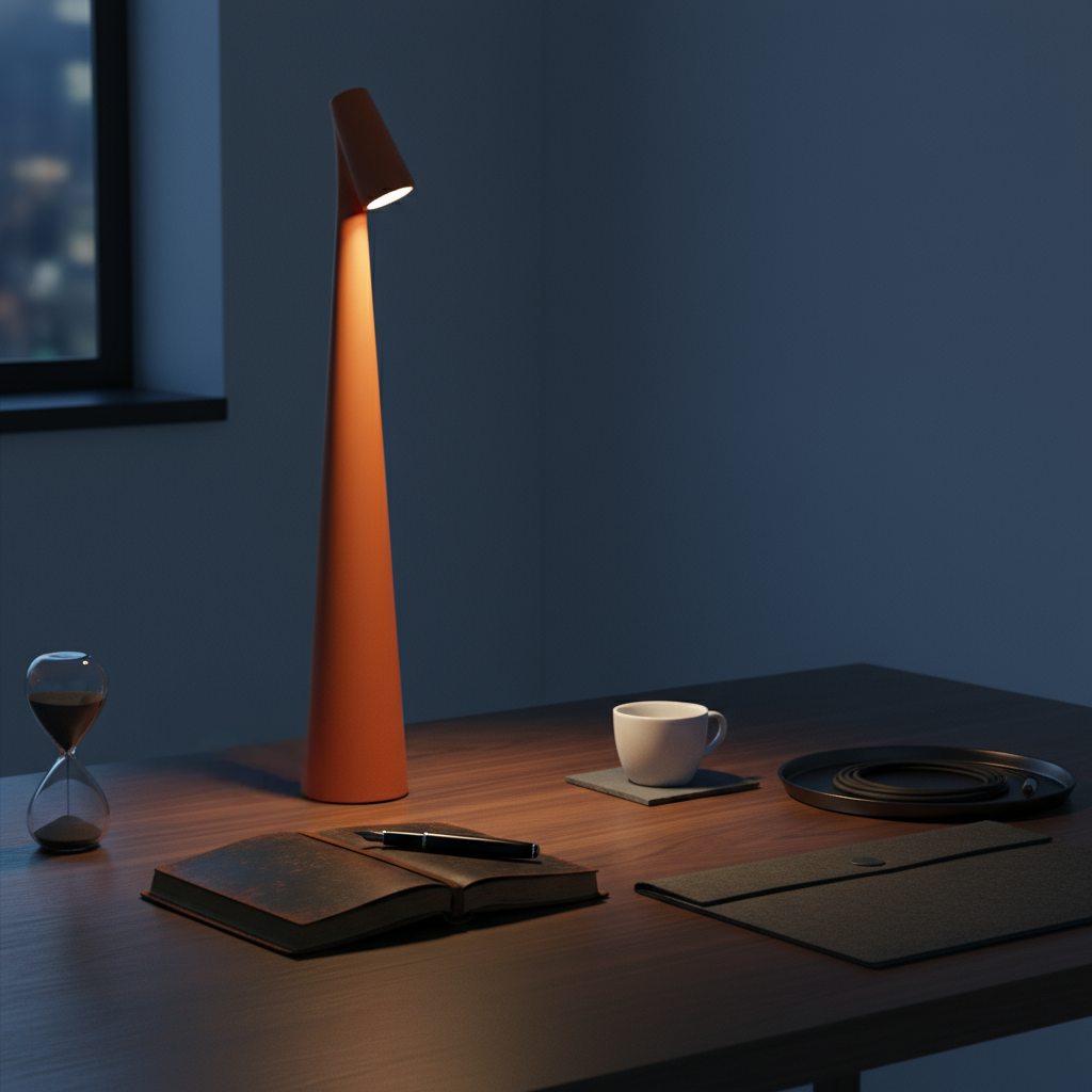 Orange lamp on a desk with a cup, notebook, and pen in a dimly lit room.