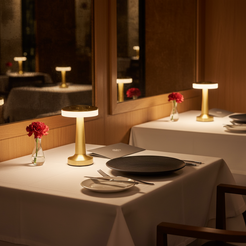 Dining table setup with plates, cutlery, and decorative lamps in a restaurant setting.