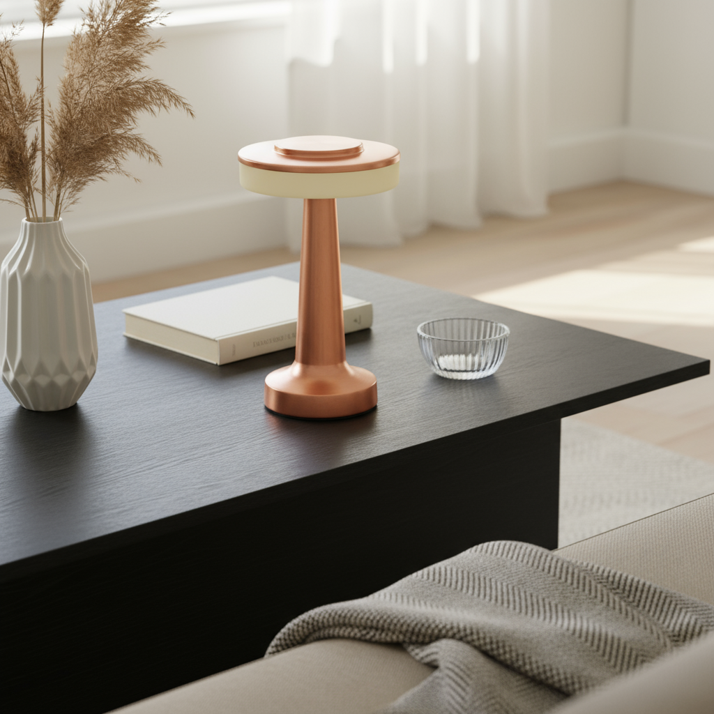 Modern coffee table with decorative items in a living room setting