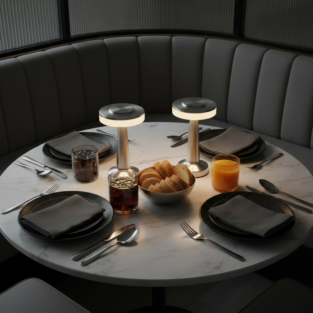Round dining table set with plates, glasses, and bread in a dimly lit room.
