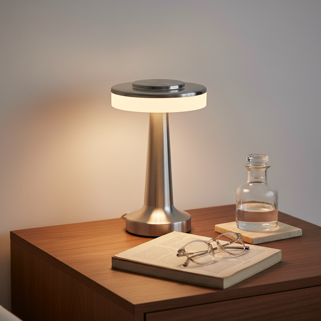 Table lamp on a wooden surface with a book, glasses, and a carafe.
