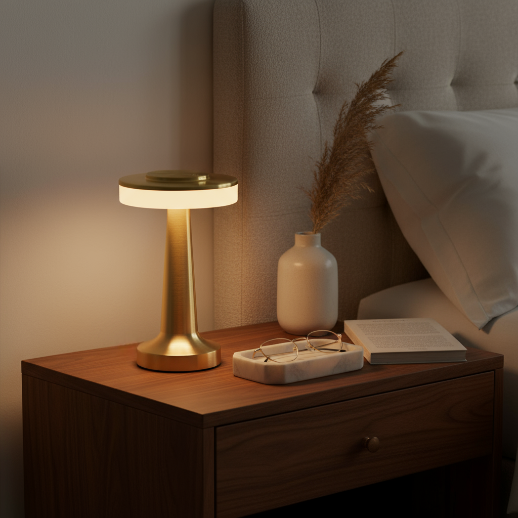 Gold lamp on a wooden nightstand with a book and glasses in a softly lit room.