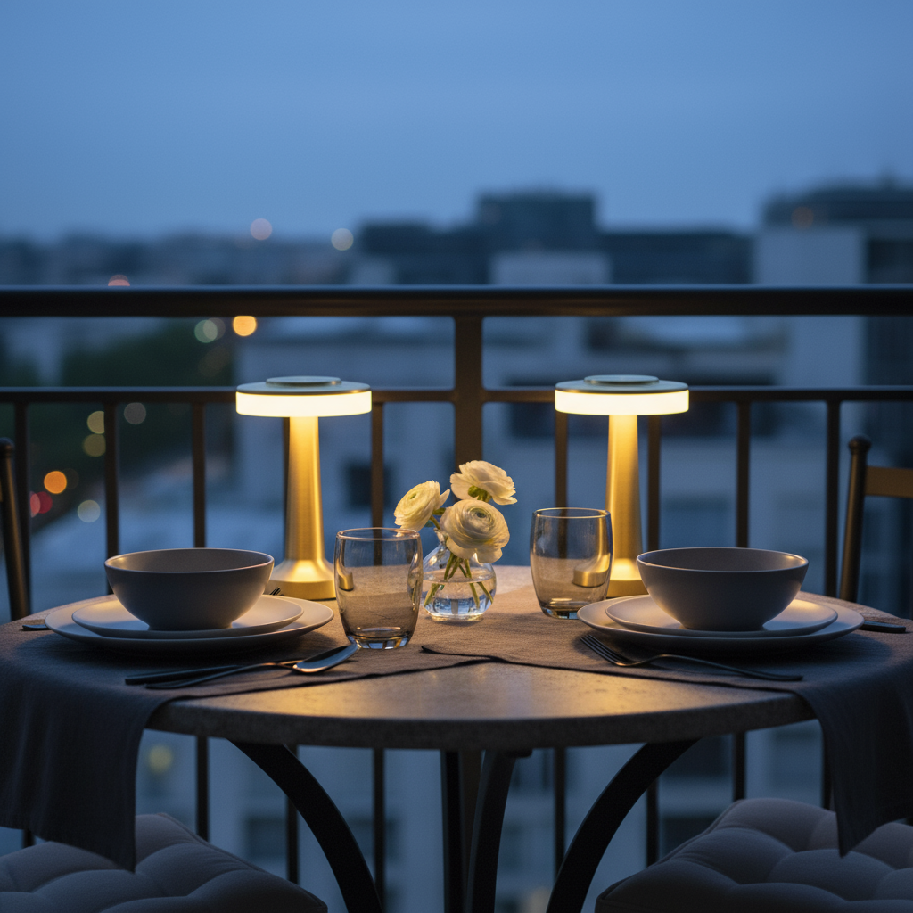Dining table set with bowls, glasses, and a vase of flowers on a balcony at night.