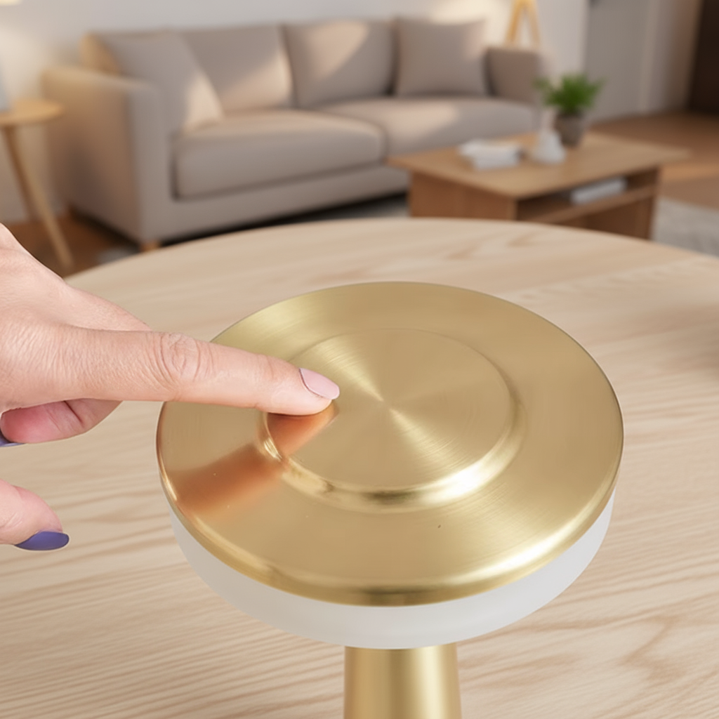 Gold and white cylindrical object on a wooden table with a hand interacting with it, in a living room setting.