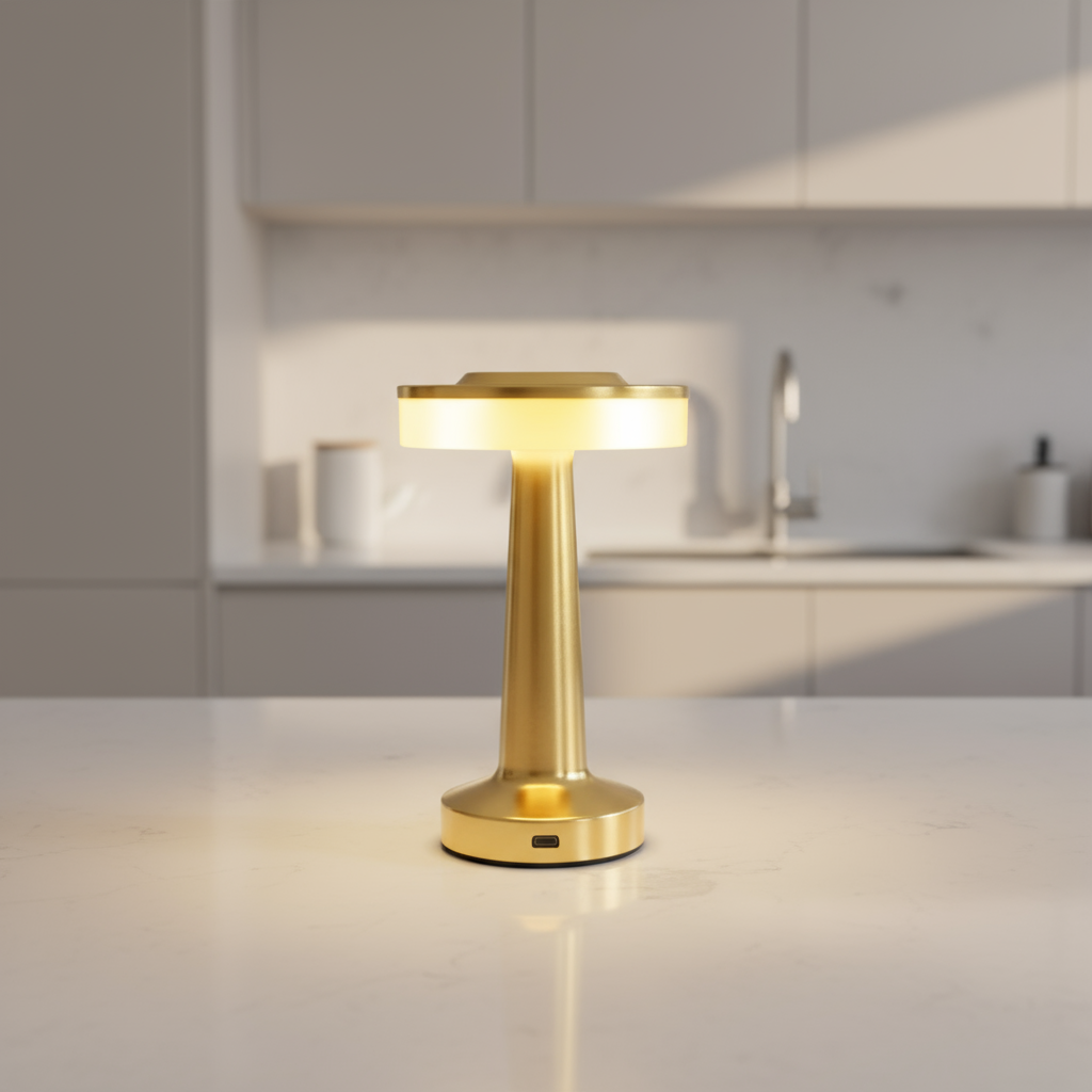 Gold lamp on a kitchen counter with blurred background