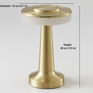 Gold-colored cylindrical object with measurements on a white background