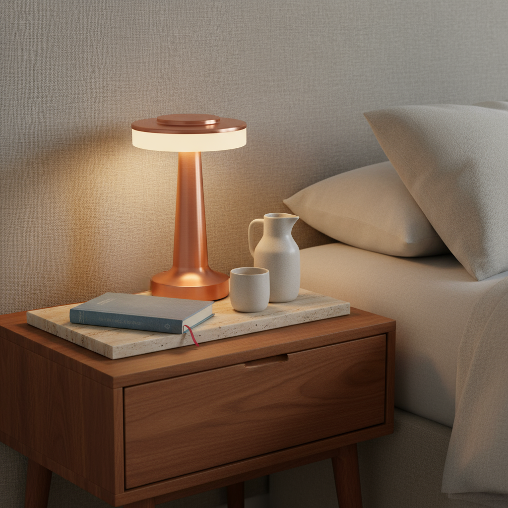 Wooden nightstand with a lamp, book, and cup next to a bed.