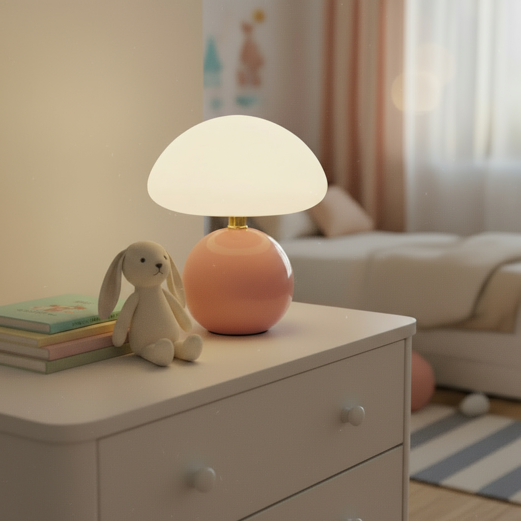 Children's room with a mushroom-shaped lamp and plush rabbit on a dresser.