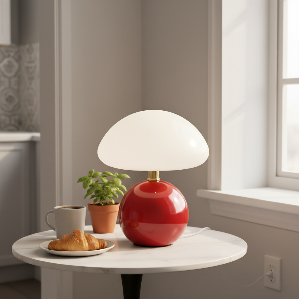 Red table lamp with a white shade on a small round table next to a cup, croissant, and plant.