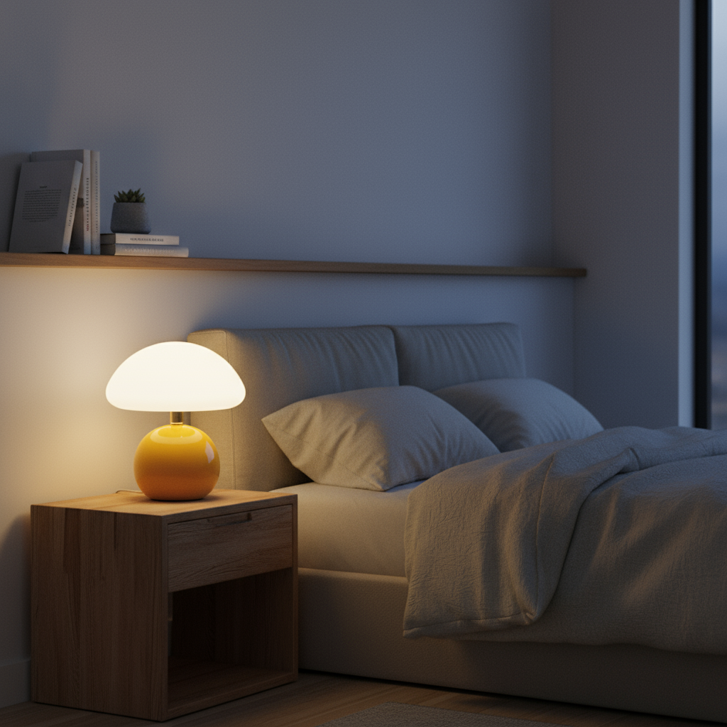 Modern bedroom with a bed, nightstand, and lamp.