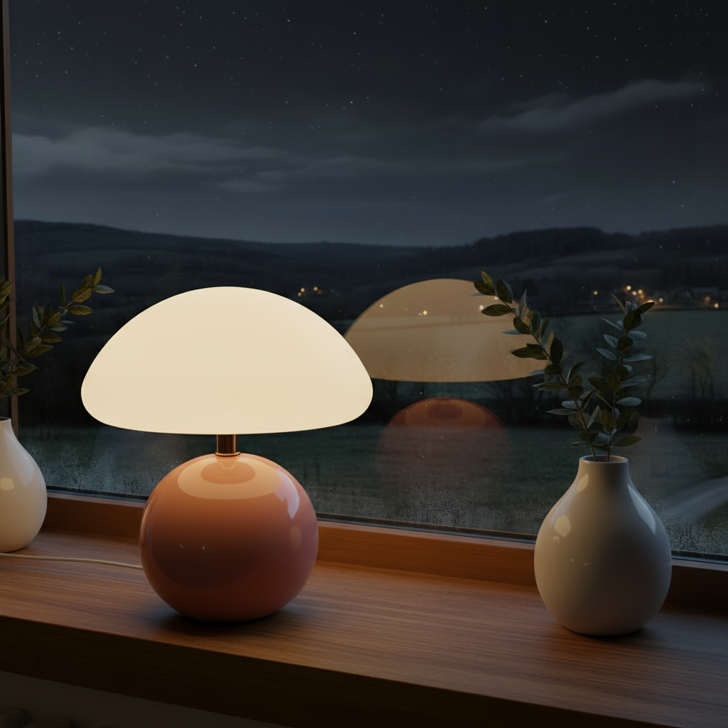 Lamp on a windowsill with a view of a lake at night
