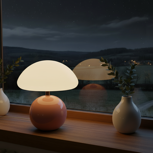 Lamp on a windowsill with a view of a lake at night