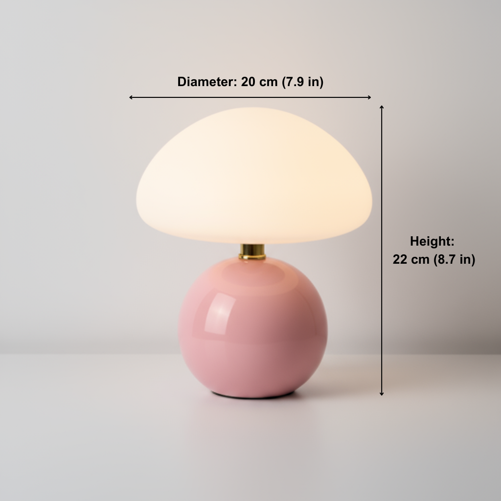 Pink table lamp with measurements on a light gray background