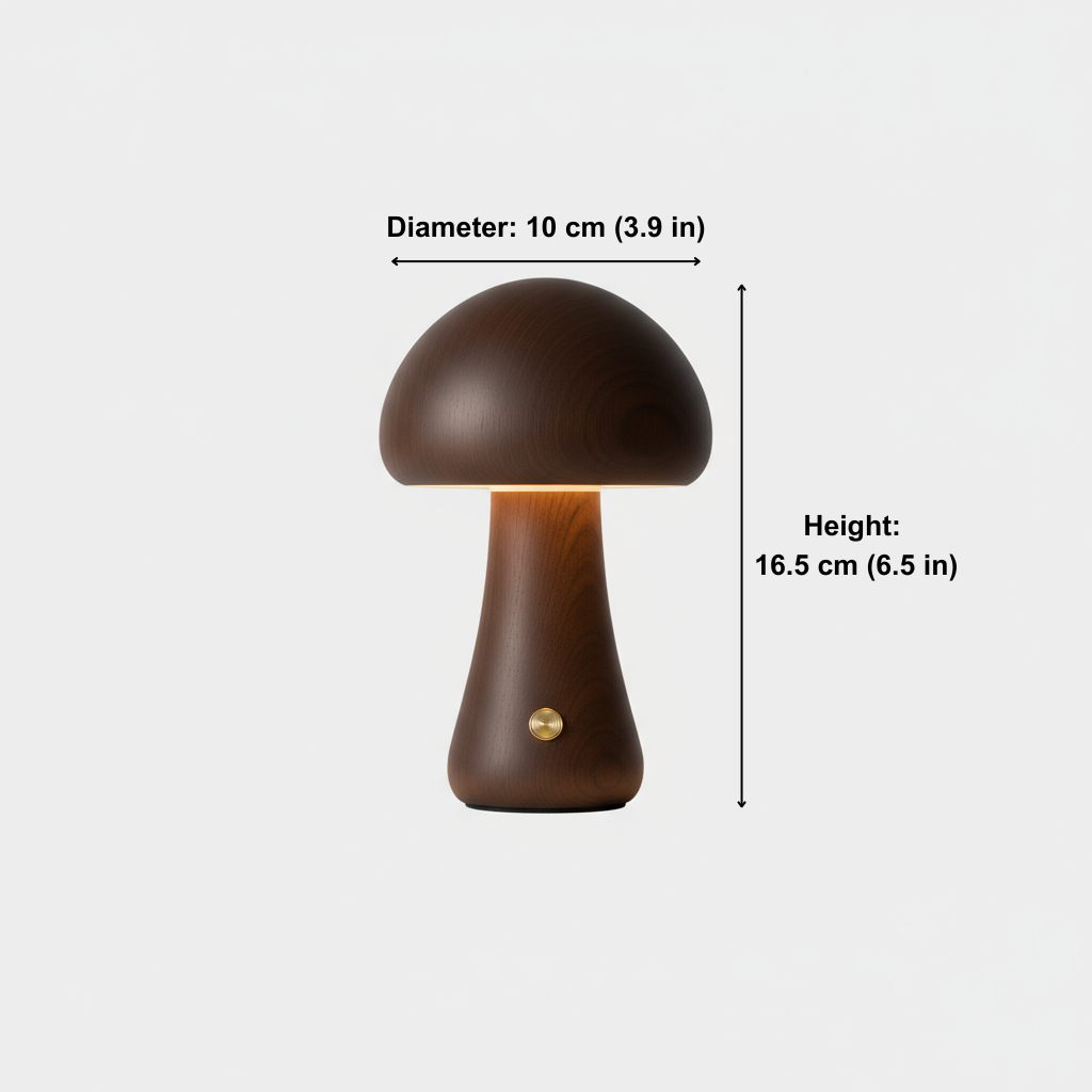 Mushroom-shaped lamp with measurements on a white background